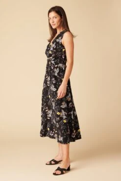 Olive Washable Silk Midi Dress - French Jardin Black -Amour Vert 10129R1 Olive Silk French Jardin 2