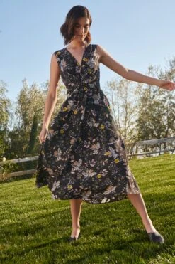 Olive Washable Silk Midi Dress - French Jardin Black